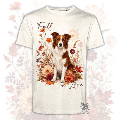 T-shirt beige stampata con un Border Collie seduto in mezzo a fiori e foglie autunnali. Grafica originale Roba Bestiale, collezione Fall in Love