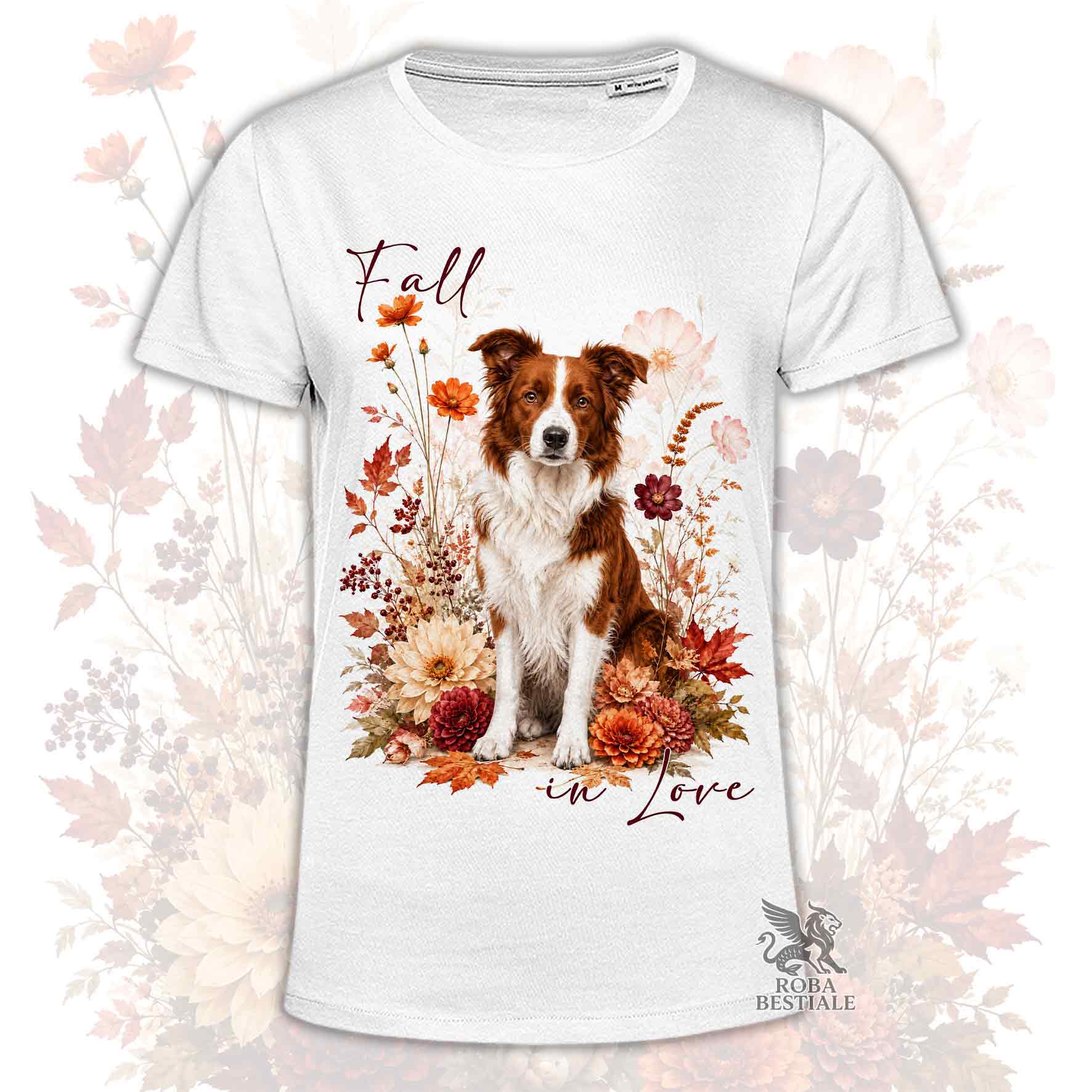 T-shirt bianca stampata con un Border Collie seduto in mezzo a fiori e foglie autunnali. Grafica originale Roba Bestiale, collezione Fall in Love