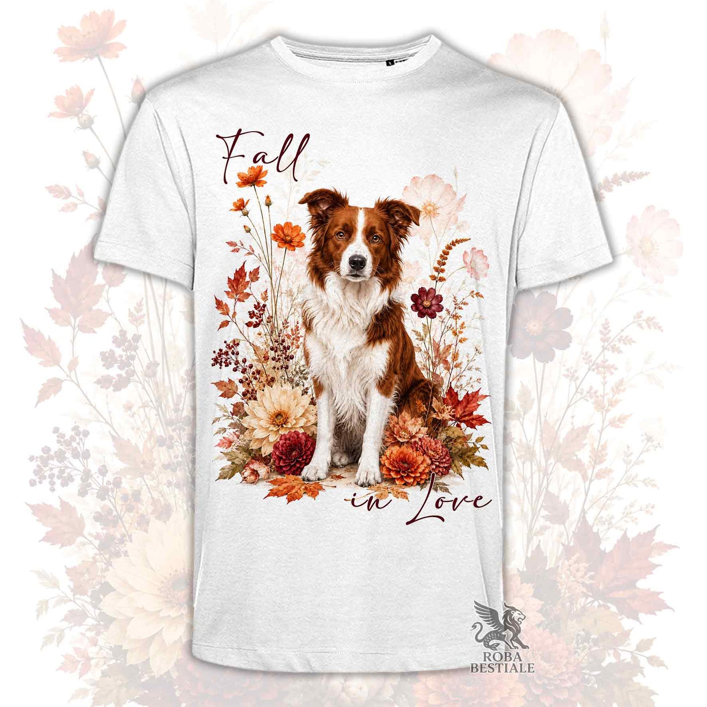 T-shirt bianca stampata con un Border Collie seduto in mezzo a fiori e foglie autunnali. Grafica originale Roba Bestiale, collezione Fall in Love