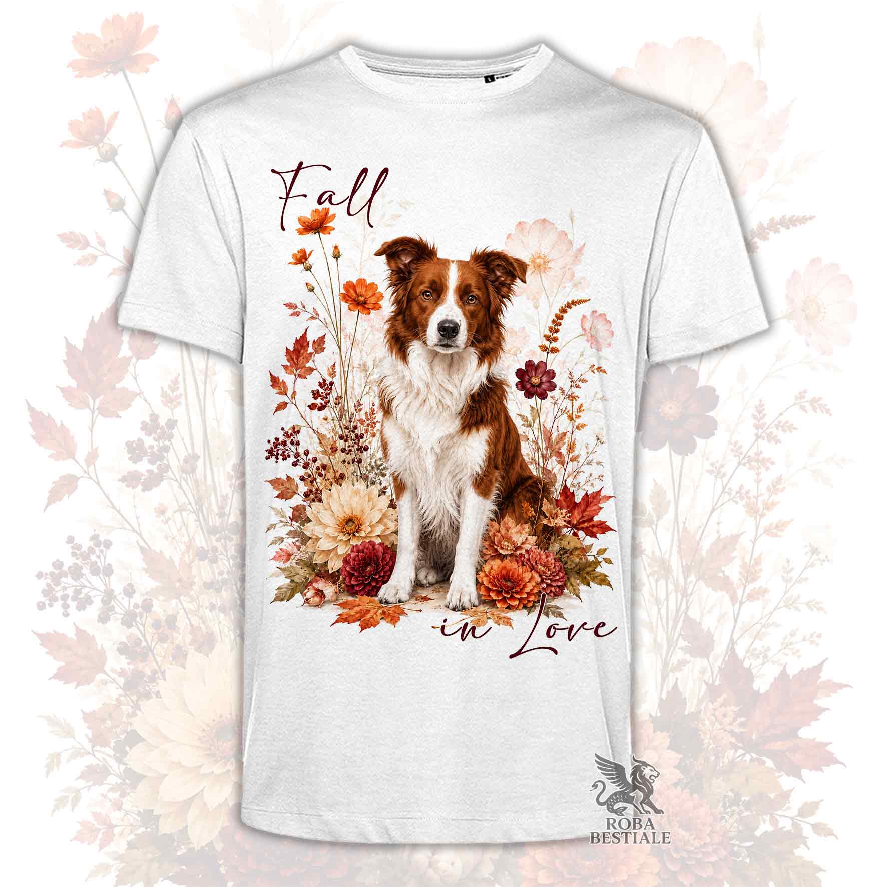 T-shirt bianca stampata con un Border Collie seduto in mezzo a fiori e foglie autunnali. Grafica originale Roba Bestiale, collezione Fall in Love