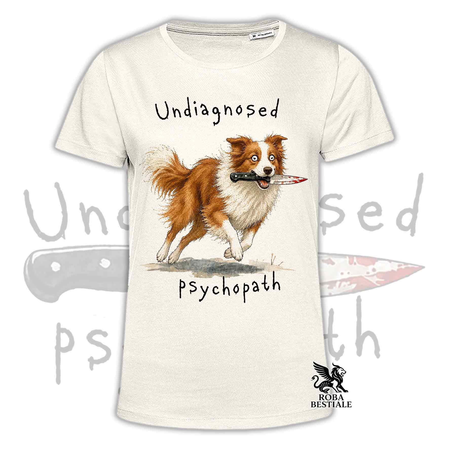 T-shirt beige stampata con un Border Collie che tiene un coltello tra i denti. Grafica originale Roba Bestiale, collezione Psychopath