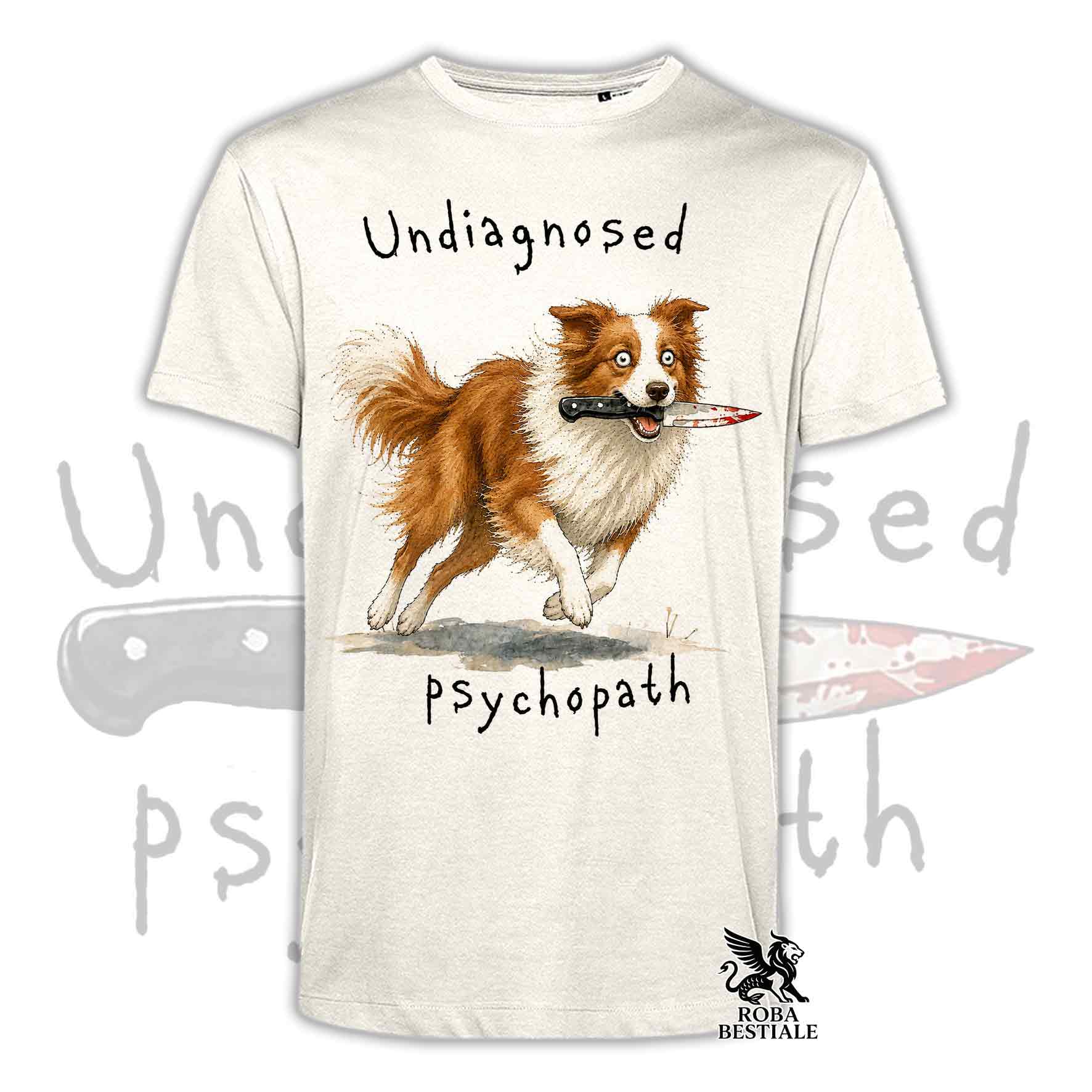 T-shirt beige stampata con un Border Collie che tiene un coltello tra i denti. Grafica originale Roba Bestiale, collezione Psychopath