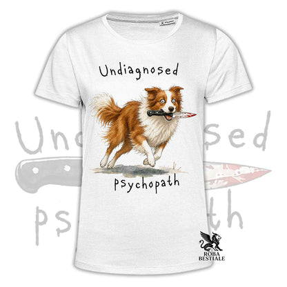 T-shirt bianca stampata con un Border Collie che tiene un coltello tra i denti. Grafica originale Roba Bestiale, collezione Psychopath