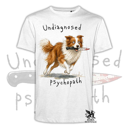 T-shirt bianca stampata con un Border Collie che tiene un coltello tra i denti. Grafica originale Roba Bestiale, collezione Psychopath