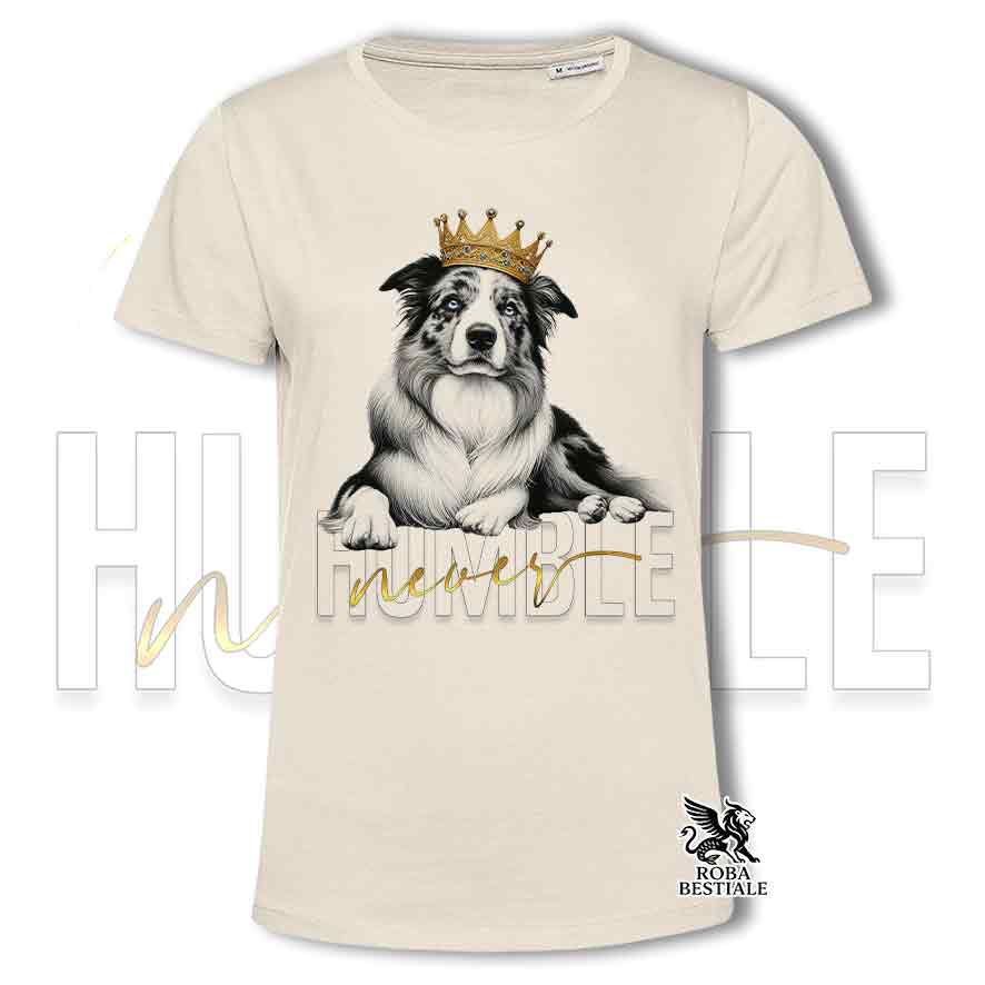 T-shirt stampata con un Border Collie, colore beige con grafica Never Humble