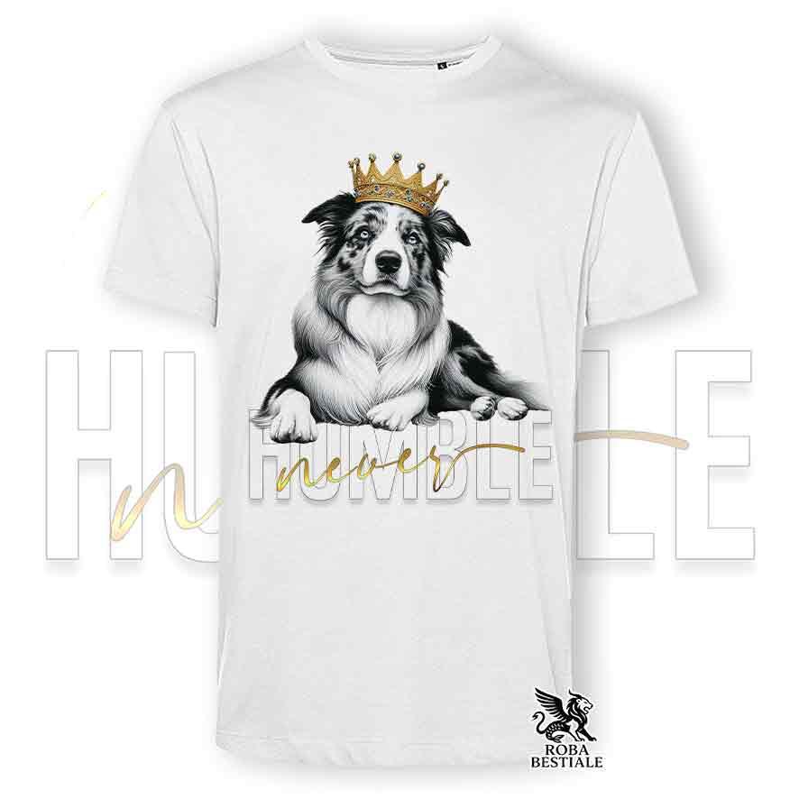 T-shirt stampata con un Border Collie, colore bianco con grafica Never Humble