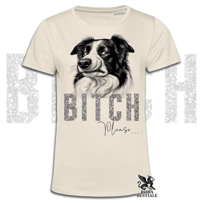 T-shirt beige stampata con un Border Collie con espressione disgustata. Grafica originale Roba Bestiale, collezione Bitch Please