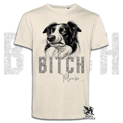 T-shirt beige stampata con un Border Collie con espressione disgustata. Grafica originale Roba Bestiale, collezione Bitch Please