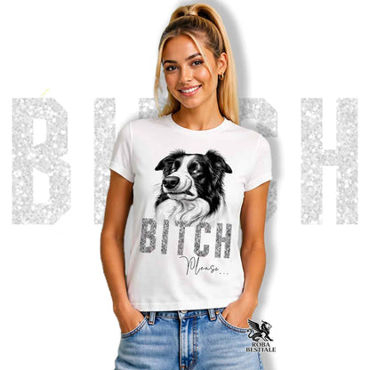 T-shirt bianca stampata con un Border Collie con espressione disgustata. Grafica originale Roba Bestiale, collezione Bitch Please