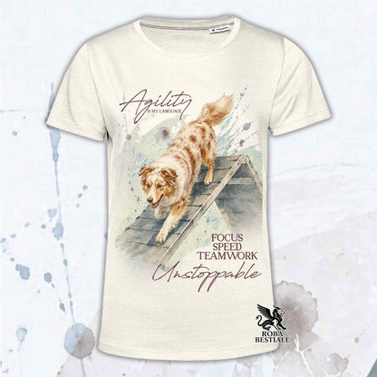 T-shirt beige stampata con un Border Collie che fa Agility. Grafica originale Roba Bestiale, collezione A-Frame