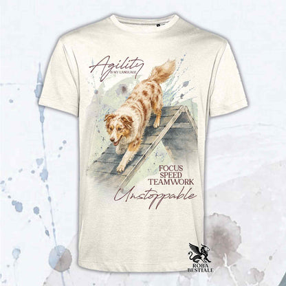 T-shirt beige stampata con un Border Collie che fa Agility. Grafica originale Roba Bestiale, collezione A-Frame