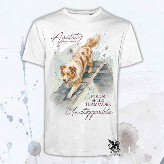 T-shirt bianca stampata con un Border Collie che fa Agility. Grafica originale Roba Bestiale, collezione A-Frame