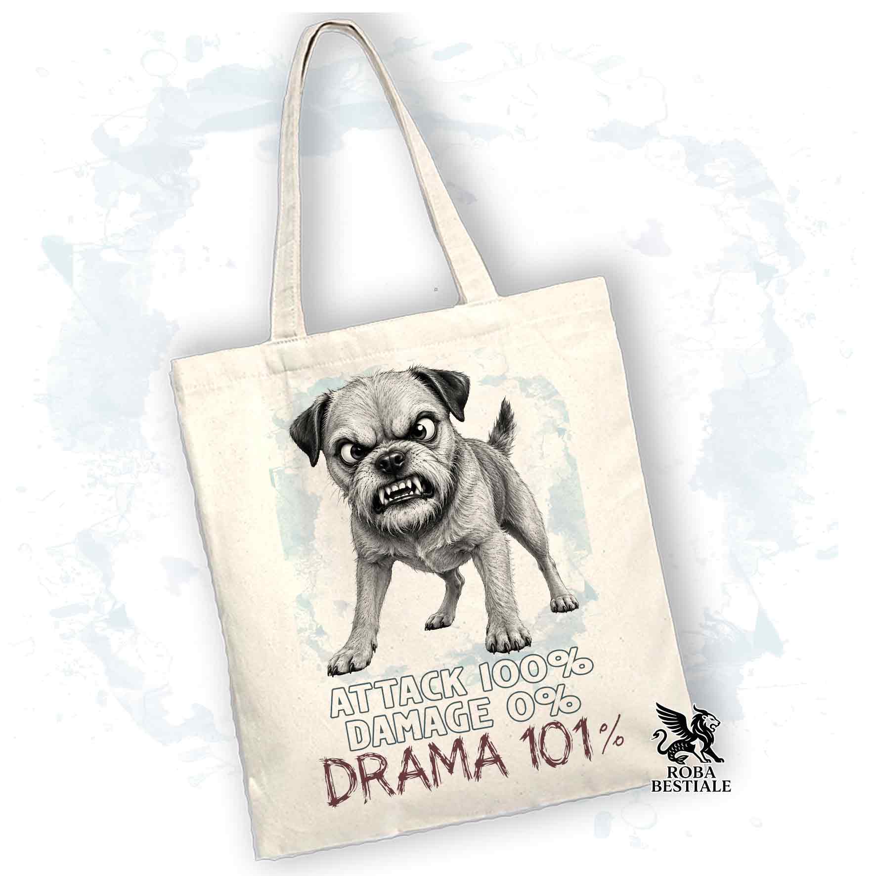 Borsa Tote beige con stampato un Border Terrier, grafica Drama 101 originale di Roba Bestiale 