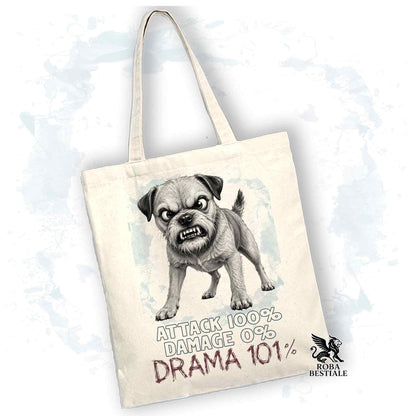 Borsa Tote beige con stampato un Border Terrier, grafica Drama 101 originale di Roba Bestiale 