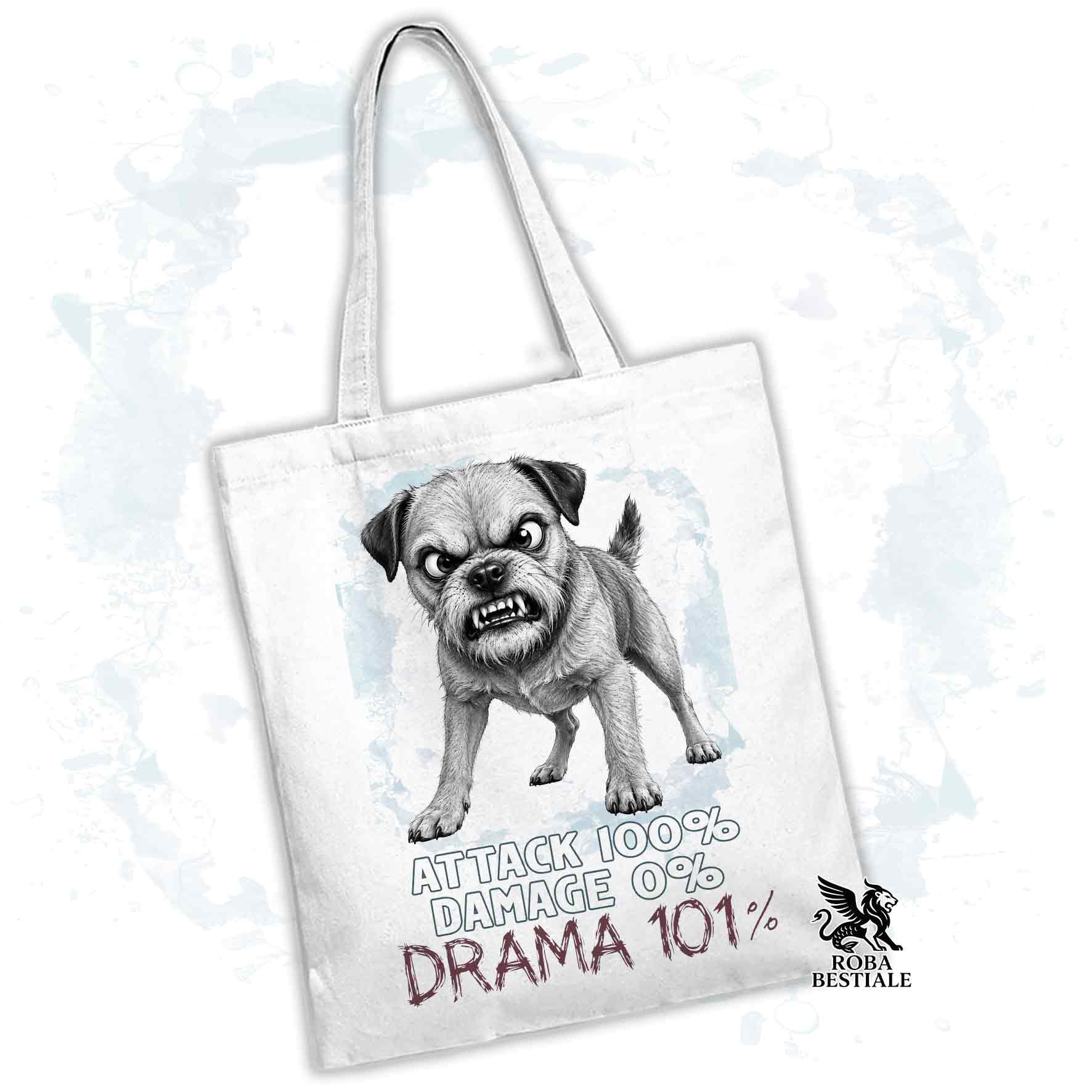 Borsa Tote beige con stampato un Border Terrier, grafica Drama 101 originale di Roba Bestiale 