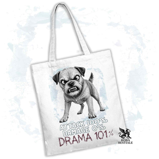 Borsa Tote beige con stampato un Border Terrier, grafica Drama 101 originale di Roba Bestiale 