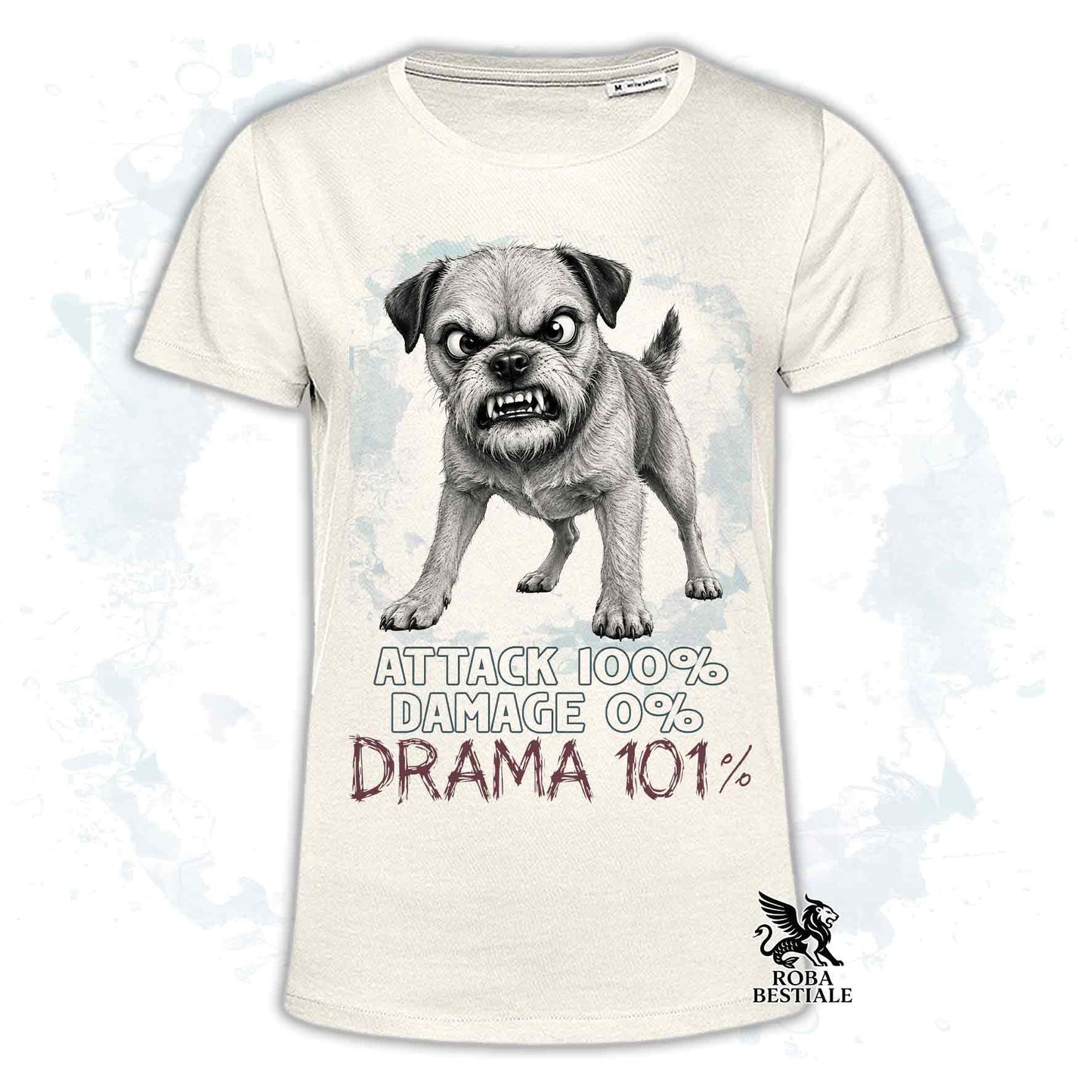 Maglietta beige stampata con un Border Terrier collezione originale Drama 101 di Roba Bestiale 