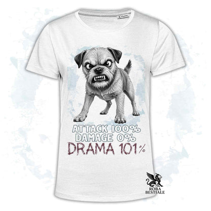 Maglietta bianca stampata con un Border Terrier collezione originale Drama 101 di Roba Bestiale 