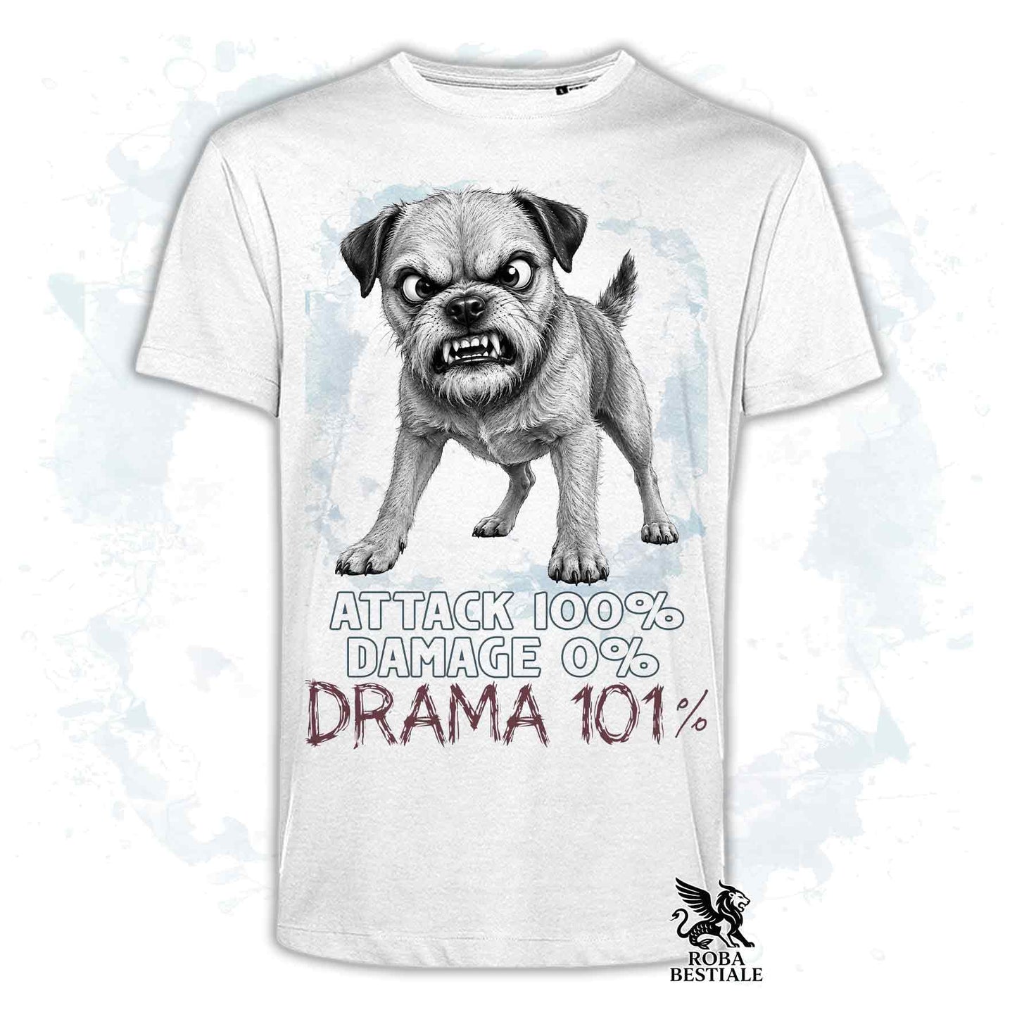Maglietta bianca stampata con un Border Terrier collezione originale Drama 101 di Roba Bestiale 