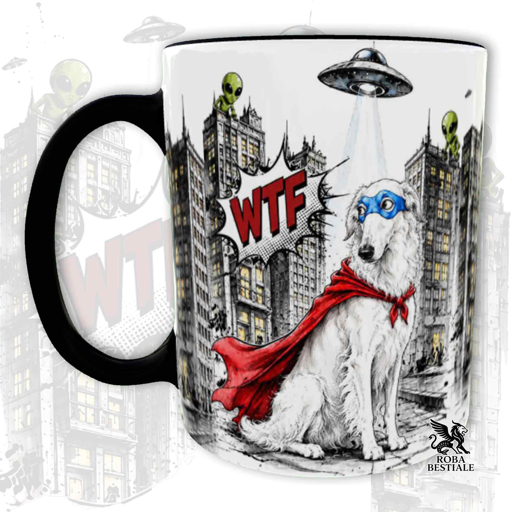Tazza nera stampata con un Borzoi con espressione sorpresa, vestito da Super Eroe. Grafica originale Roba Bestiale, collezione Hero