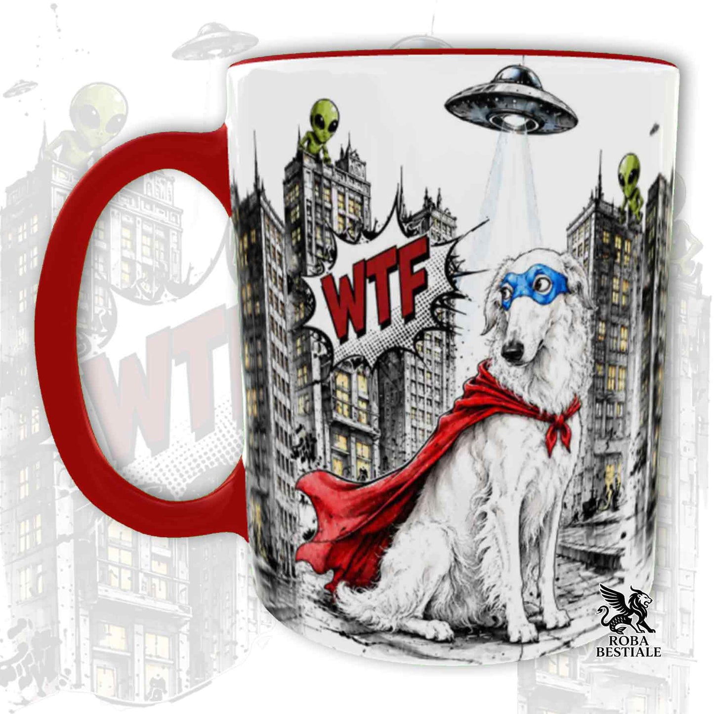Tazza rossa stampata con un Borzoi con espressione sorpresa, vestito da Super Eroe. Grafica originale Roba Bestiale, collezione Hero