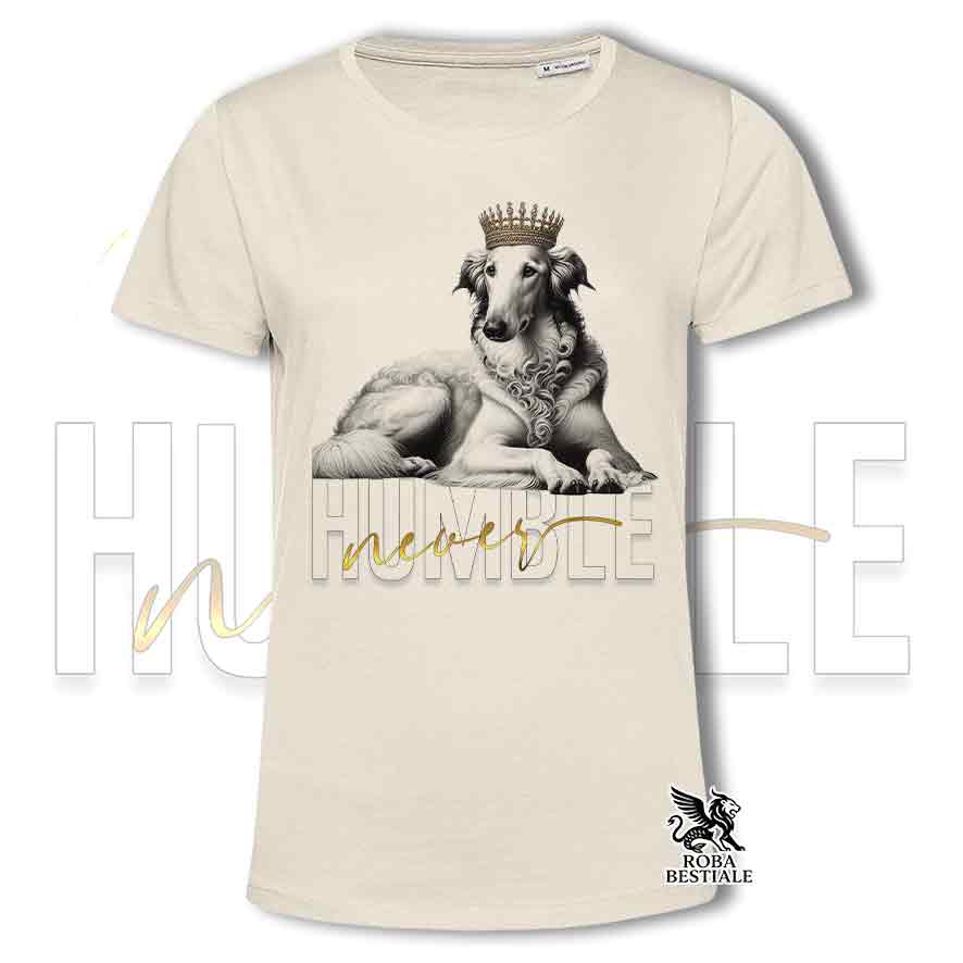 T-shirt stampata con un Borzoi bianco, colore beige con grafica Never Humble