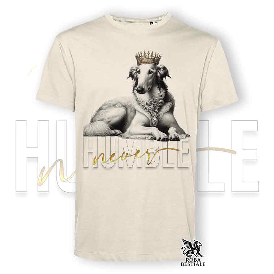 T-shirt stampata con un Borzoi bianco, colore beige con grafica Never Humble