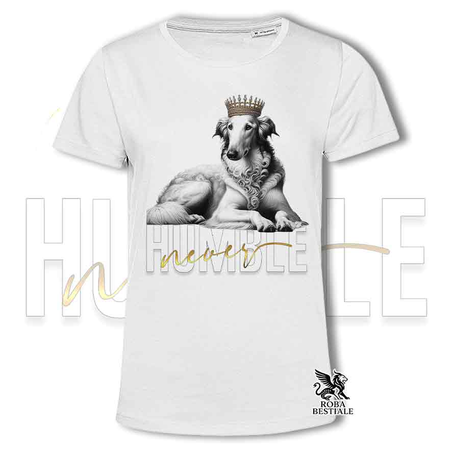 T-shirt stampata con Borzoi bianco, colore bianco con grafica Never Humble