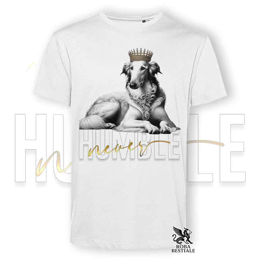 T-shirt stampata con Borzoi bianco, colore bianco con grafica Never Humble
