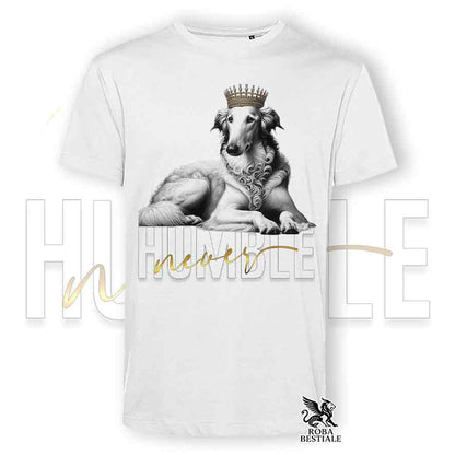 T-shirt stampata con Borzoi bianco, colore bianco con grafica Never Humble