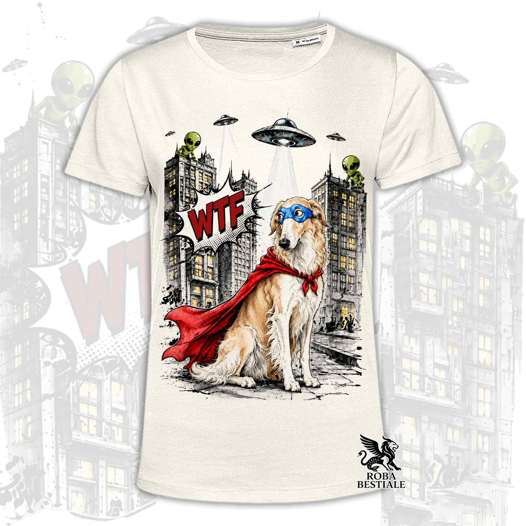 T-shirt beige stampata con un Borzoi con espressione sorpresa, vestito da Super Eroe. Grafica originale Roba Bestiale, collezione Hero