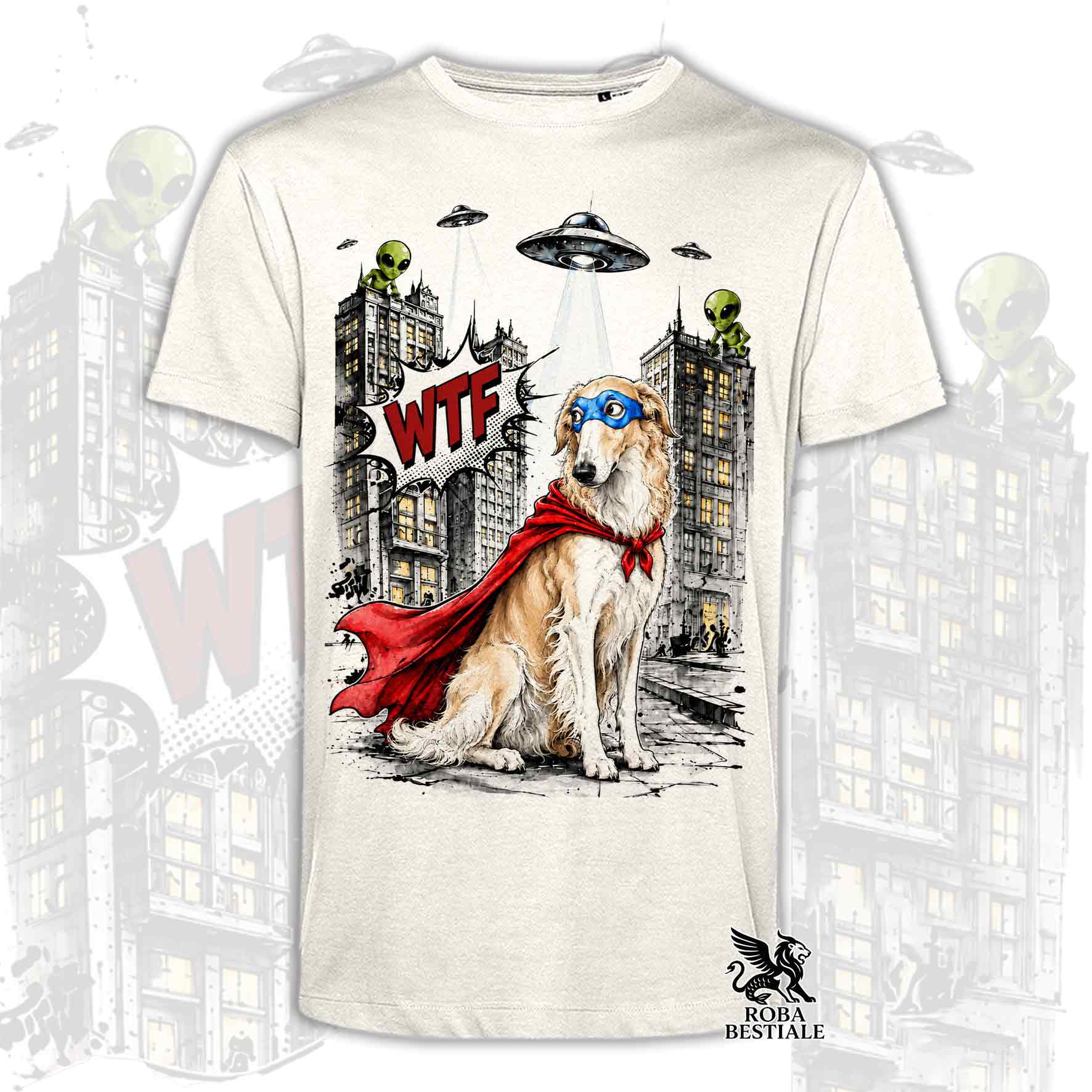 T-shirt beige stampata con un Borzoi con espressione sorpresa, vestito da Super Eroe. Grafica originale Roba Bestiale, collezione Hero