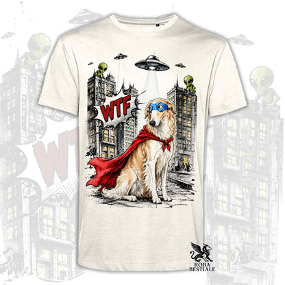 T-shirt beige stampata con un Borzoi con espressione sorpresa, vestito da Super Eroe. Grafica originale Roba Bestiale, collezione Hero