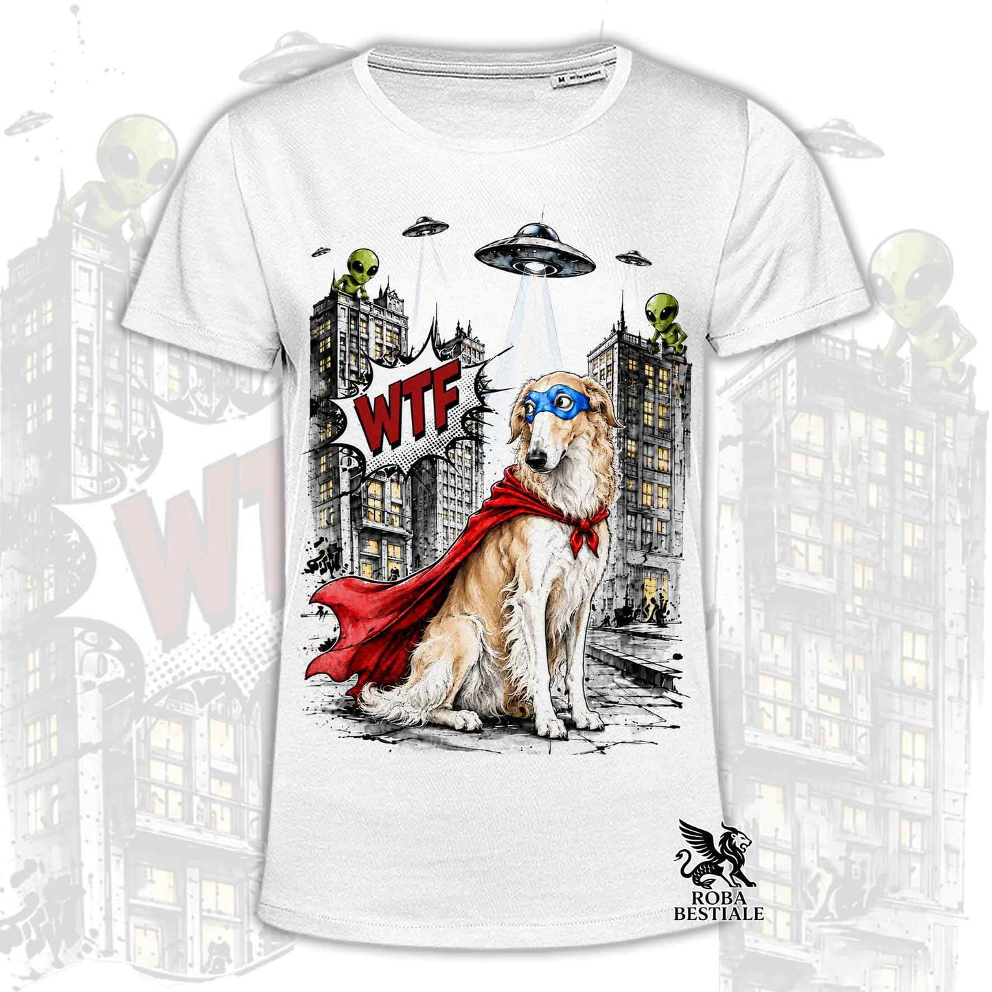 T-shirt bianca stampata con un Borzoi con espressione sorpresa, vestito da Super Eroe. Grafica originale Roba Bestiale, collezione Hero