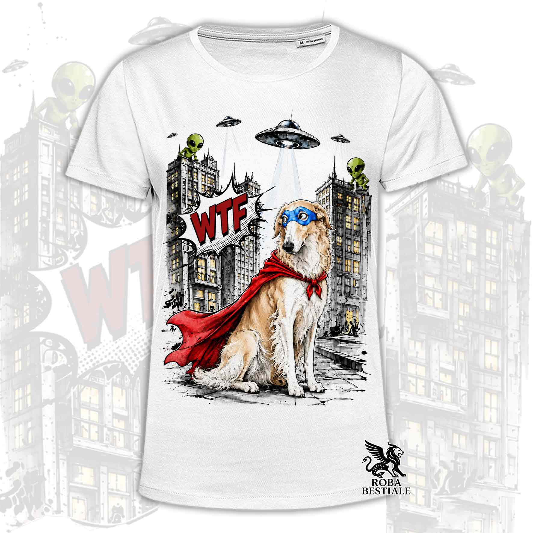 T-shirt bianca stampata con un Borzoi con espressione sorpresa, vestito da Super Eroe. Grafica originale Roba Bestiale, collezione Hero