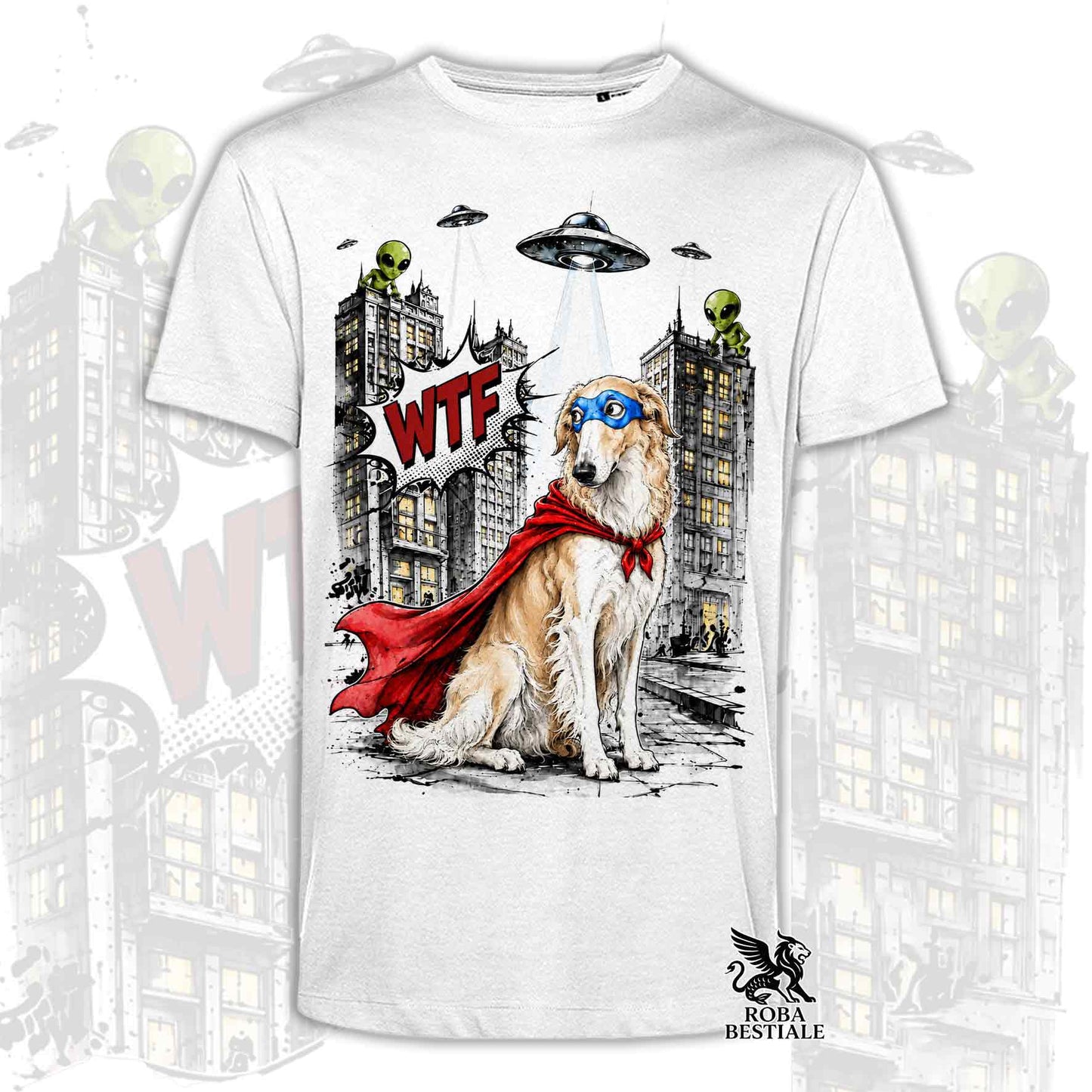 T-shirt bianca stampata con un Borzoi con espressione sorpresa, vestito da Super Eroe. Grafica originale Roba Bestiale, collezione Hero