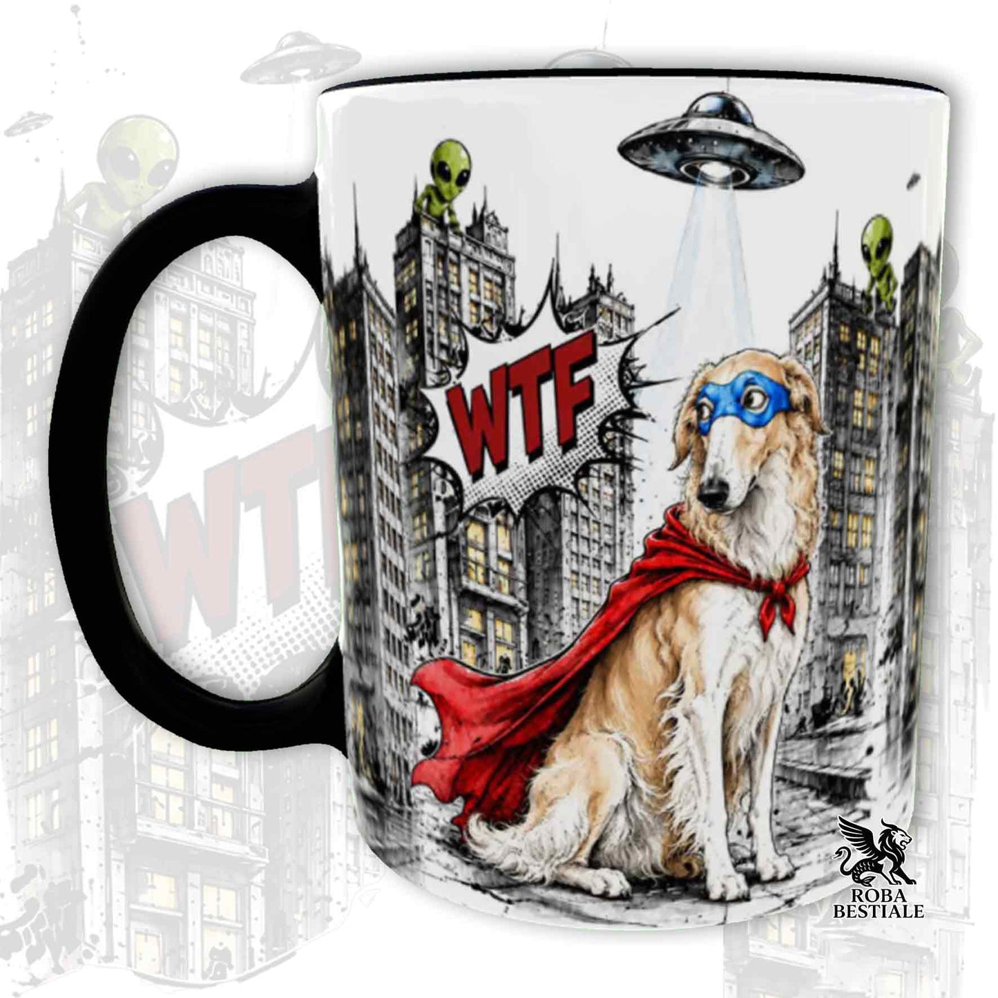 Tazza nera stampata con un Borzoi con espressione sorpresa, vestito da Super Eroe. Grafica originale Roba Bestiale, collezione Hero