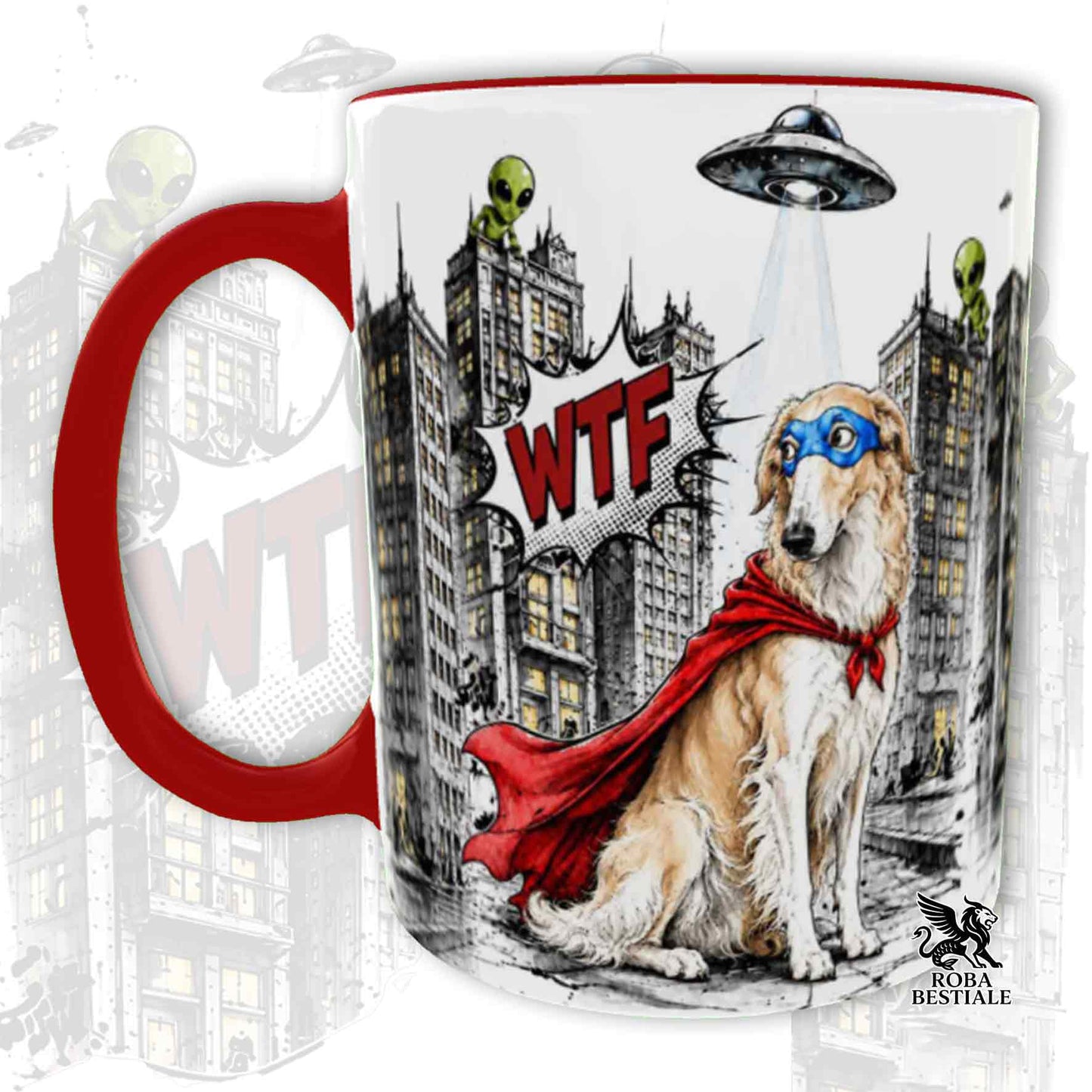 Tazza rossa stampata con un Borzoi con espressione sorpresa, vestito da Super Eroe. Grafica originale Roba Bestiale, collezione Hero