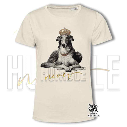 T-shirt stampata con un Levriero Russo Borzoi grigio, colore beige con grafica Never Humble