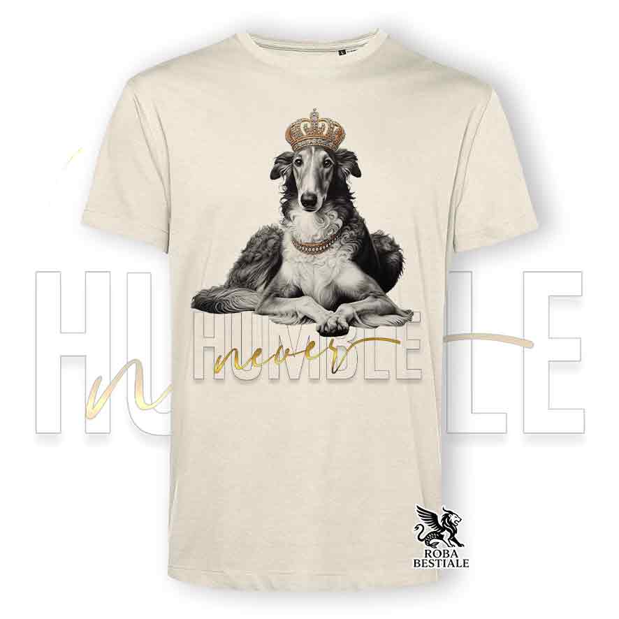 T-shirt stampata con un Levriero Russo Borzoi grigio, colore beige con grafica Never Humble