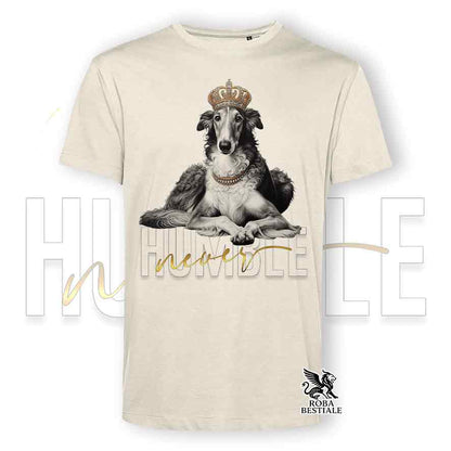 T-shirt stampata con un Levriero Russo Borzoi grigio, colore beige con grafica Never Humble
