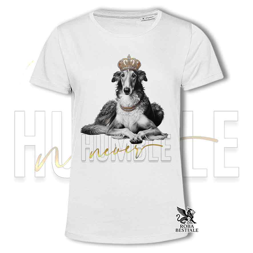 T-shirt stampata con un Levriero Russo Borzoi grigio, colore bianco con grafica Never Humble