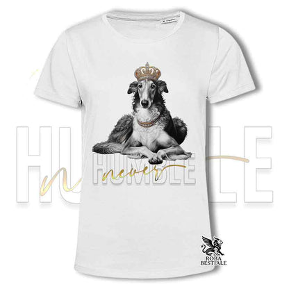 T-shirt stampata con un Levriero Russo Borzoi grigio, colore bianco con grafica Never Humble