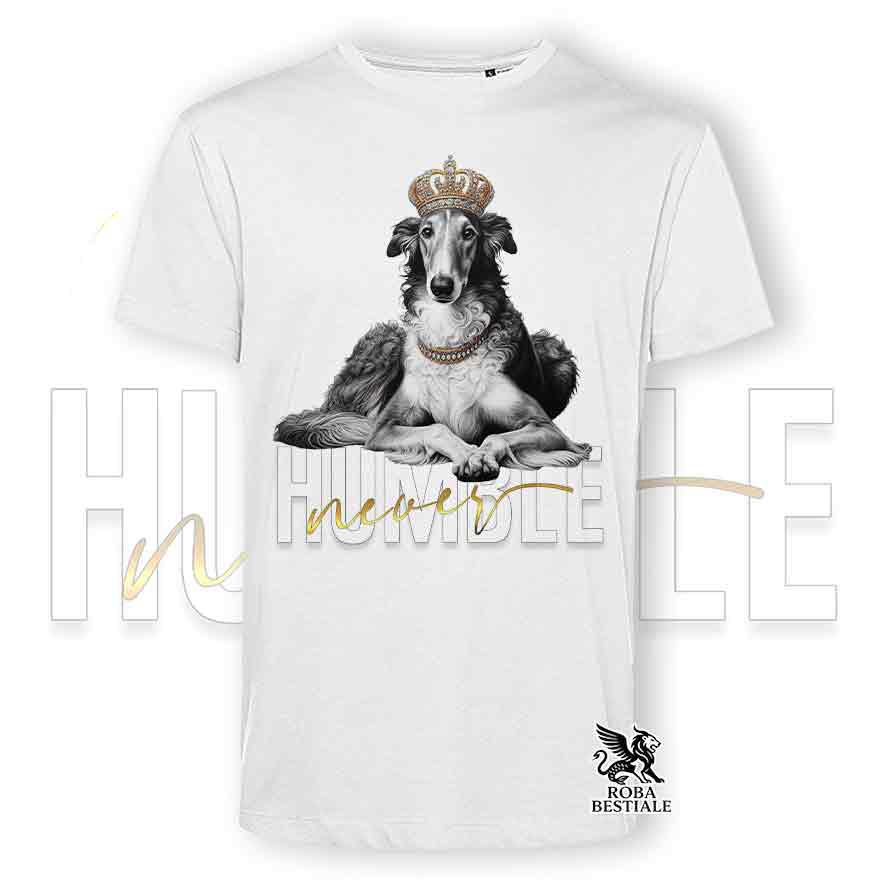 T-shirt stampata con un Levriero Russo Borzoi grigio, colore bianco con grafica Never Humble