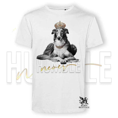 T-shirt stampata con un Levriero Russo Borzoi grigio, colore bianco con grafica Never Humble