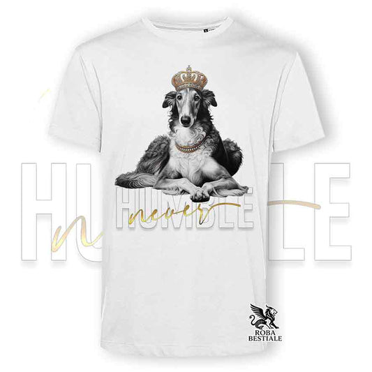T-shirt stampata con un Levriero Russo Borzoi grigio, colore bianco con grafica Never Humble