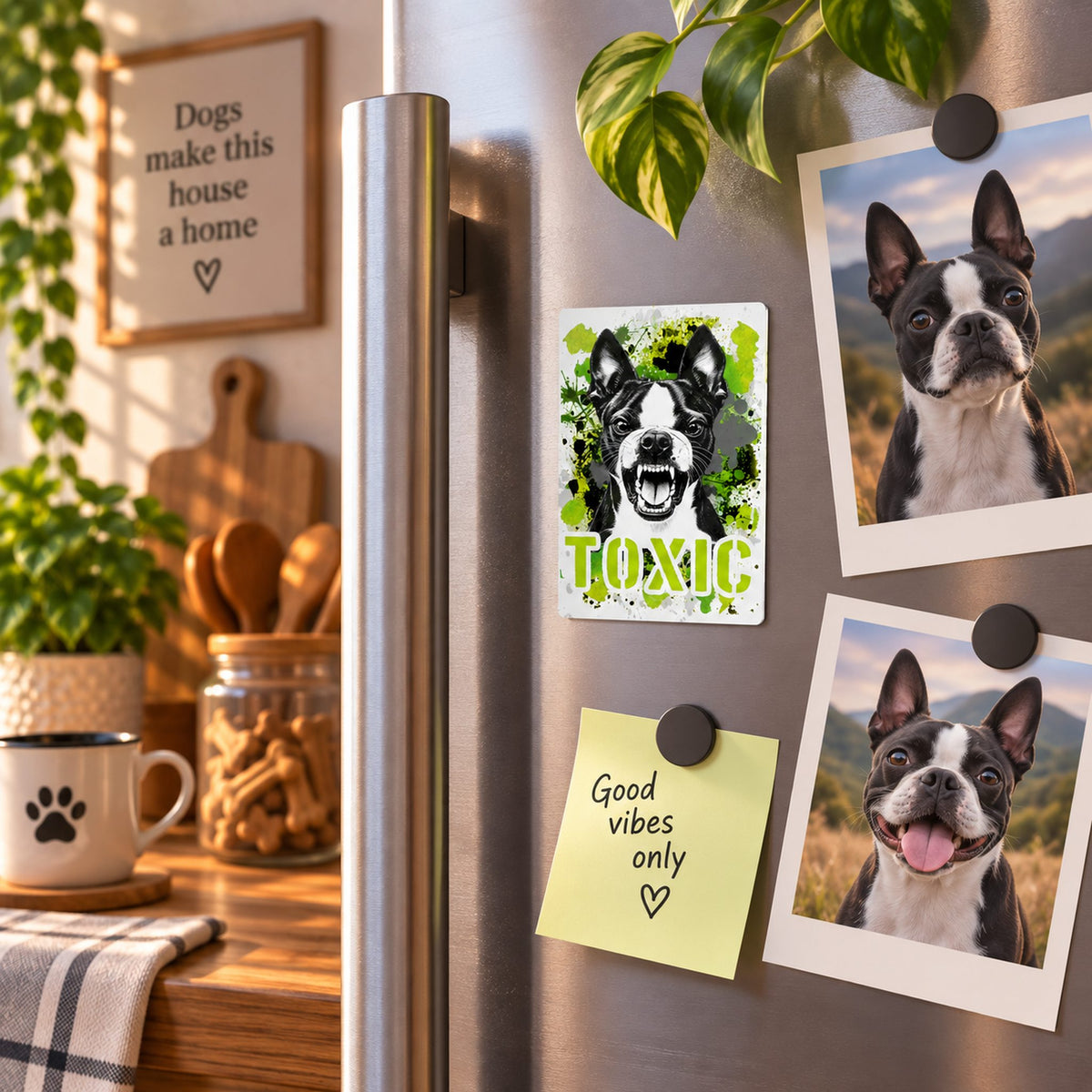 Calamita in MDF con la stampa di un Boston Terrier. Idea regalo per amanti dei cani, da Roba Bestiale
