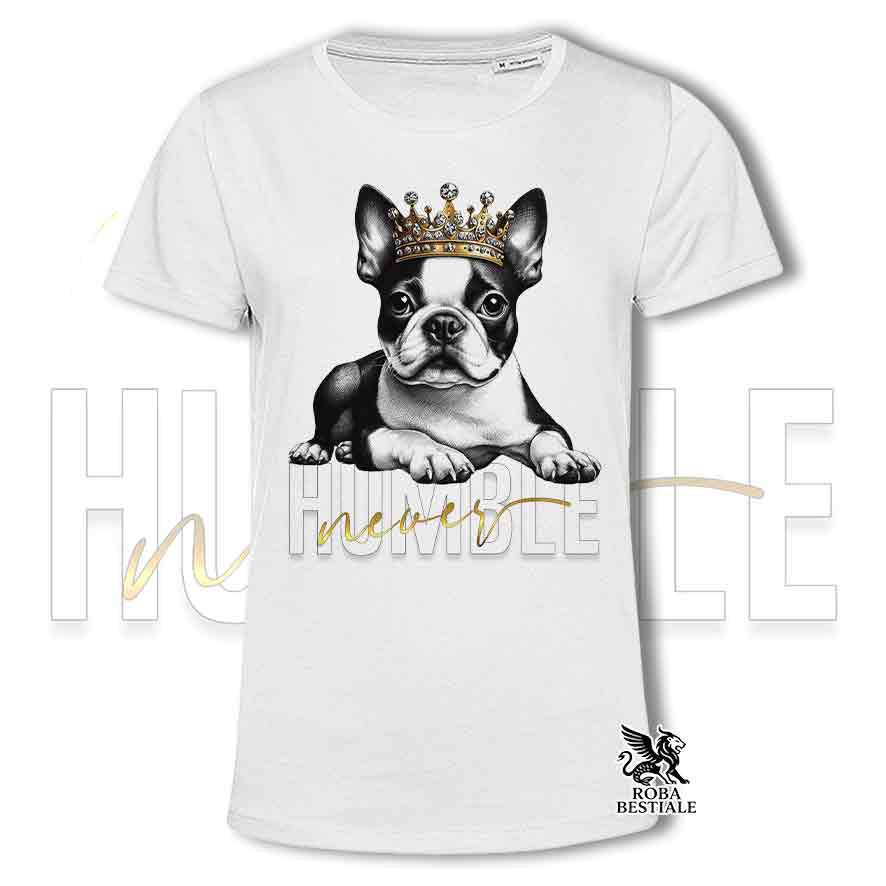 T-shirt stampata con un Boston Terrier, colore bianco con grafica Never Humble