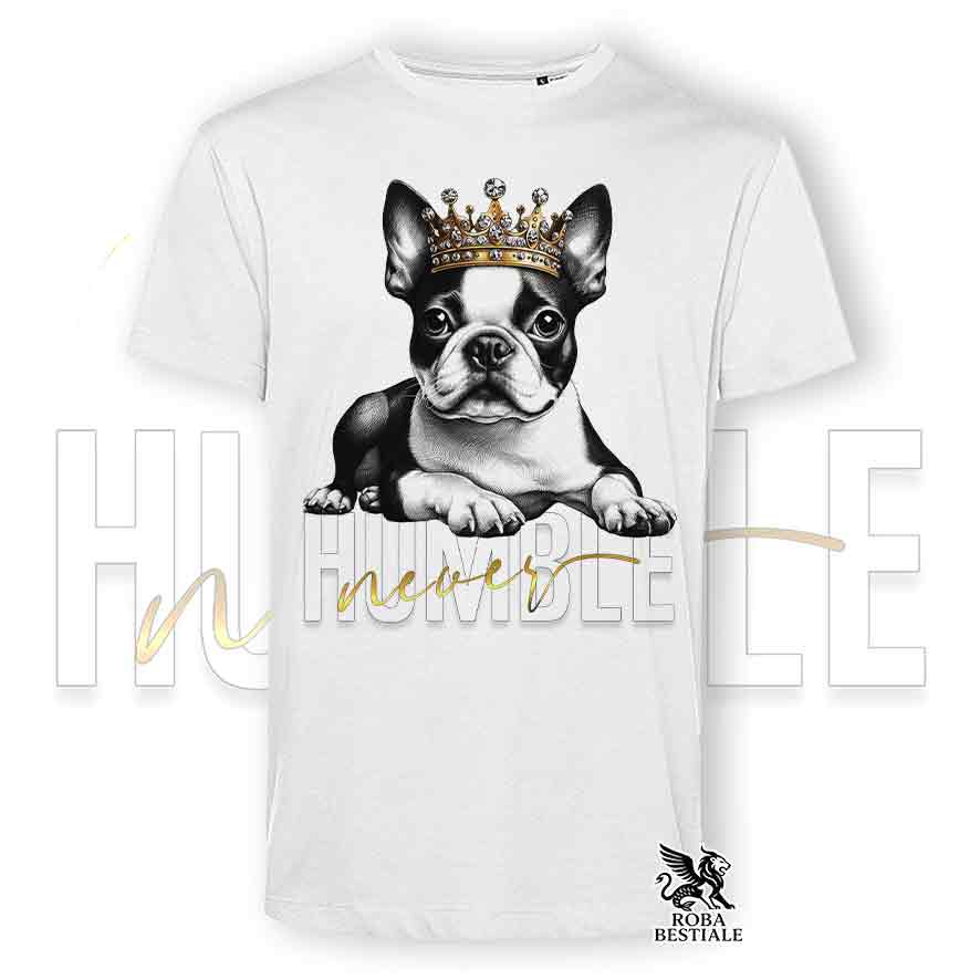 T-shirt stampata con un Boston Terrier, colore bianco con grafica Never Humble