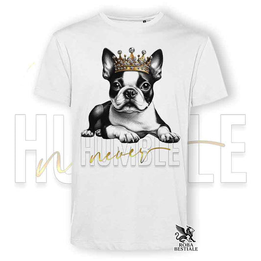 T-shirt stampata con un Boston Terrier, colore bianco con grafica Never Humble